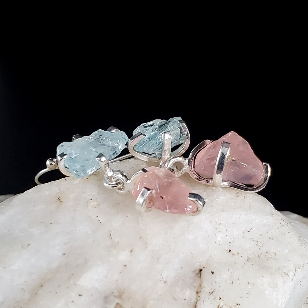Sterling Silver 925 Earrings Raw Stones Rose Quartz Aquamarine